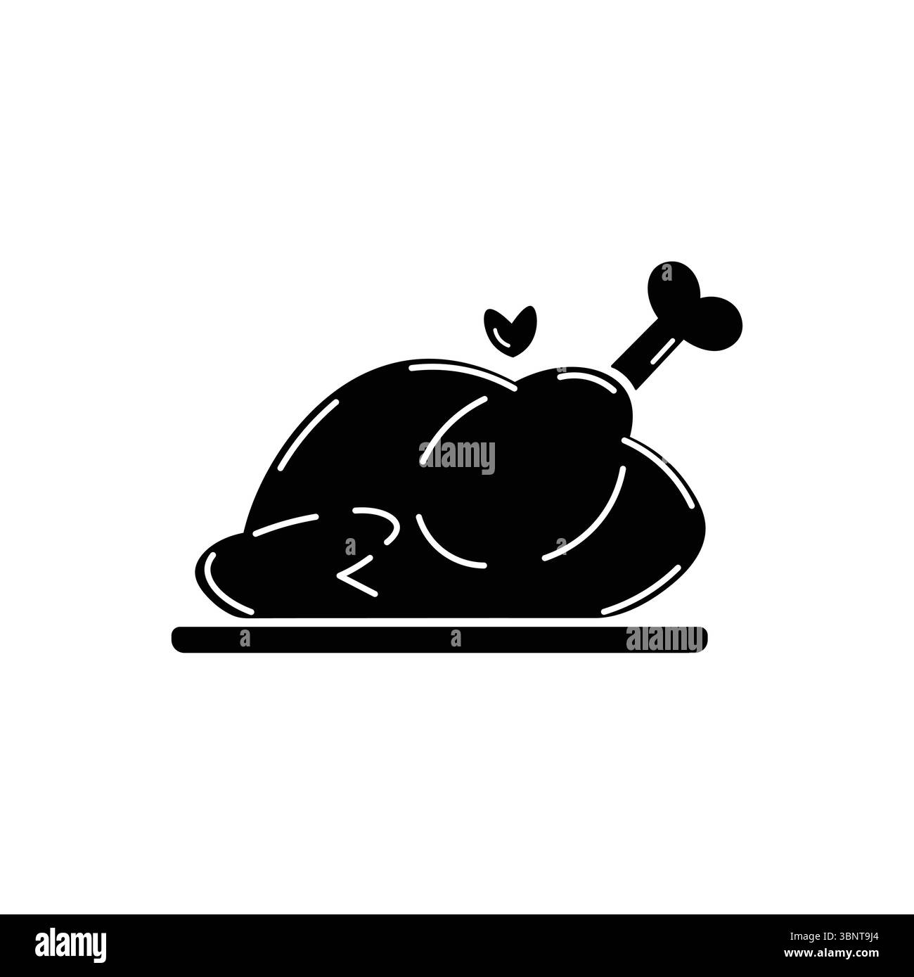 Un'elegante silhouette nera di un pollo arrosto con un cuore, ideale per piatti minimalisti, amore o design attinenti ai pasti. Illustrazione Vettoriale