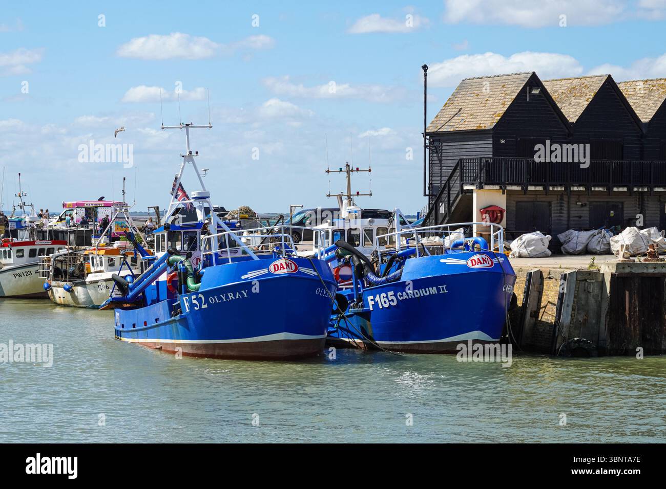 Barche da pesca ormeggiate nel porto di Whitstable, Whitstable, Kent, Inghilterra Regno Unito Regno Unito Foto Stock