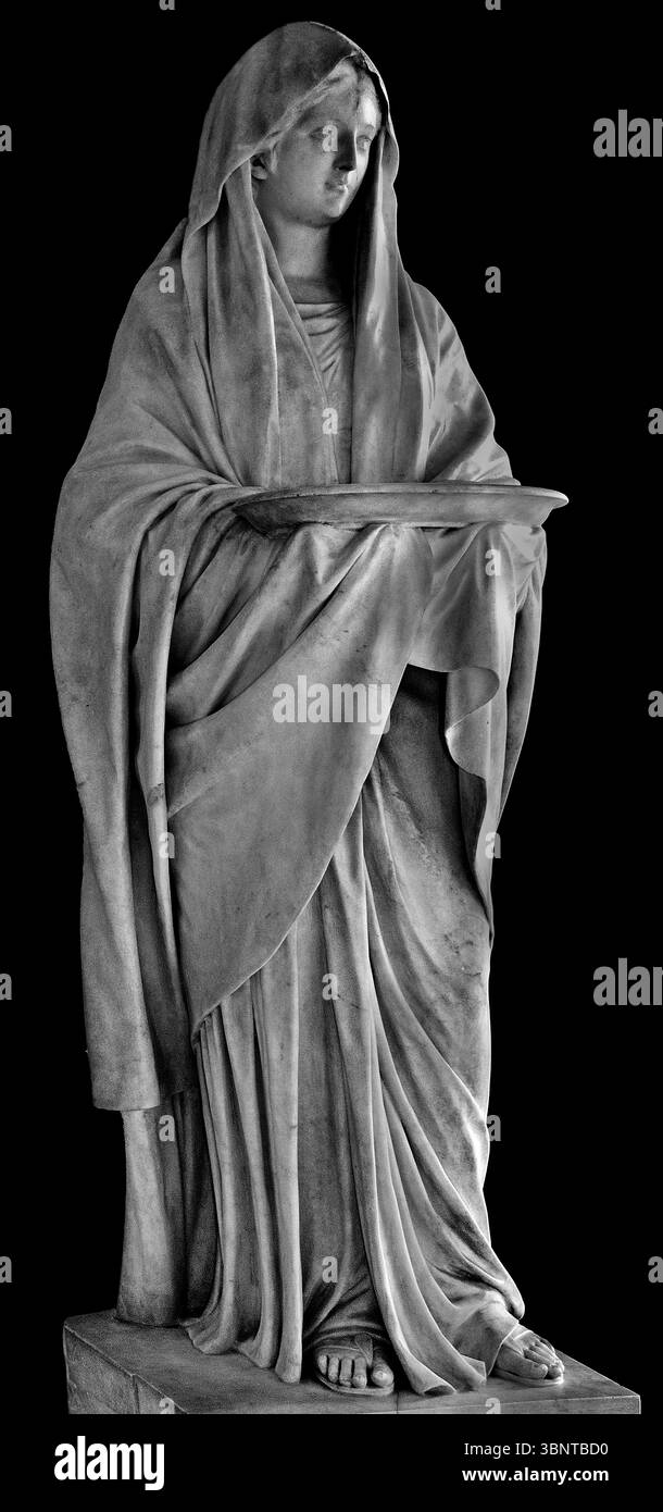 Vestal 1787 di Jean Antoine Houdon 1741 - 1828 Louvre, Parigi, Francia, francese, ( Houdon, Jean Antoine (Versailles, 1741 - Parigi , 1828) ) Vergini Vestali, nella religione romana, sei sacerdotesse, che rappresentano le figlie della casa reale, che curavano il culto di stato di Vesta, la dea del focolare. Si ritiene che il culto risalga al VII secolo a.c.; come altri culti non cristiani, fu bandito nell'annuncio 394 da Teodosio I.. Foto Stock