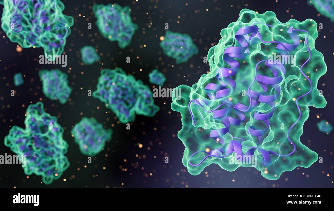 Rendering 3D di strutture molecolari complesse della proteina della leptina a livello microscopico. Foto Stock