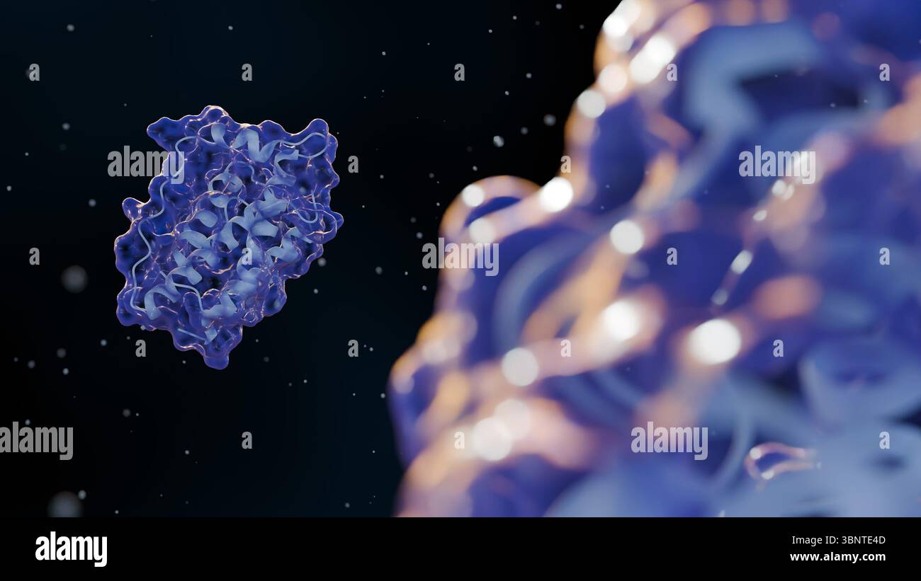 Rendering 3D di strutture molecolari complesse della proteina della leptina a livello microscopico. Foto Stock