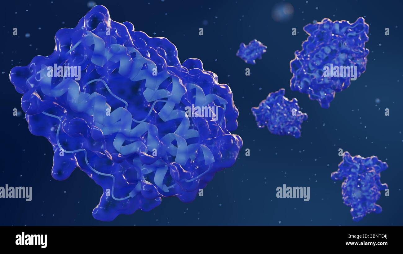 Rendering 3D di strutture molecolari complesse della proteina della leptina a livello microscopico. Foto Stock