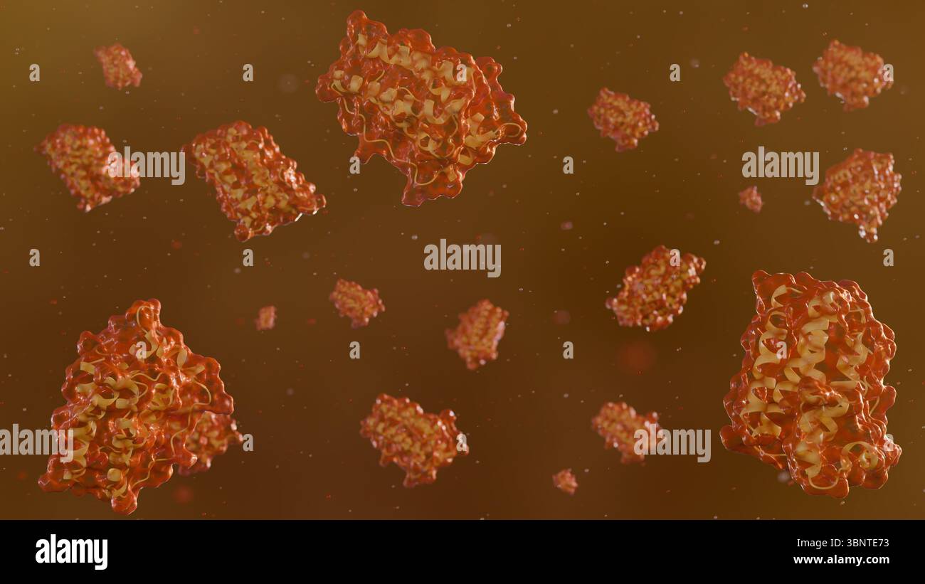 Rendering 3D di strutture molecolari complesse della proteina della leptina a livello microscopico. Foto Stock