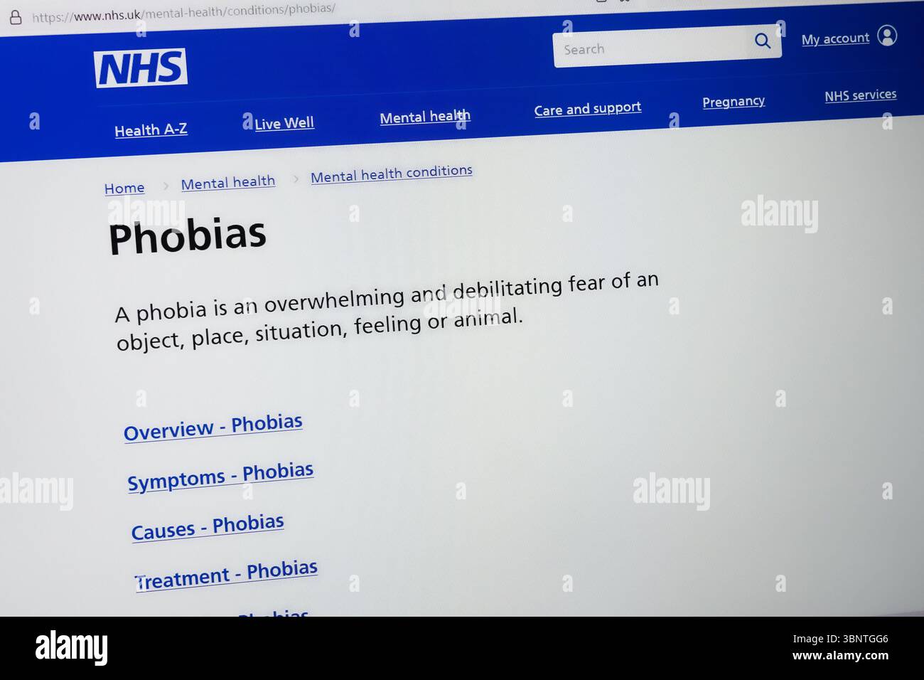 Il sito web della NHS con informazioni sulla fobia Foto Stock