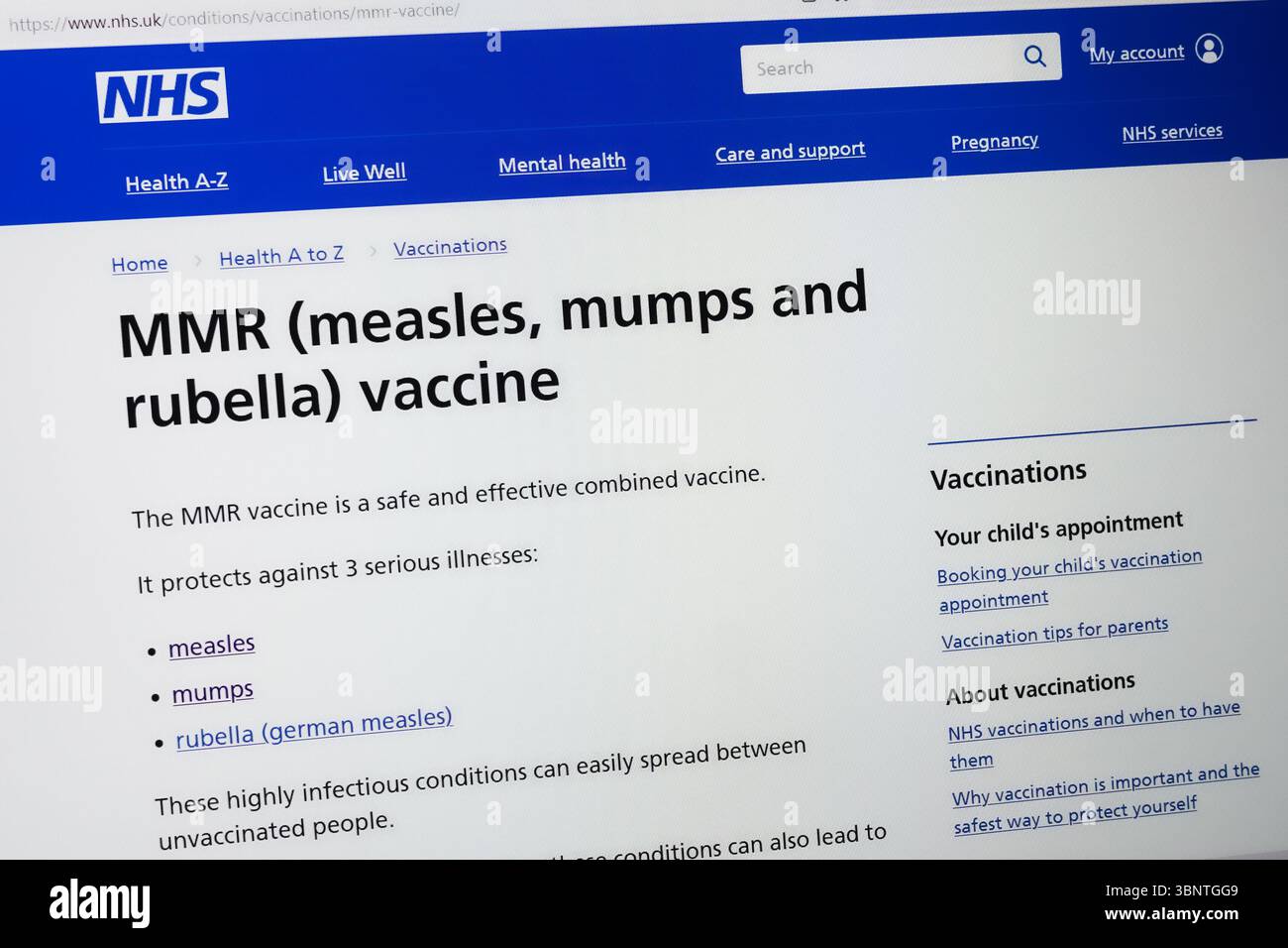 Il sito NHS con informazioni sul vaccino MMR (morbillo, parotite e rosolia) Foto Stock