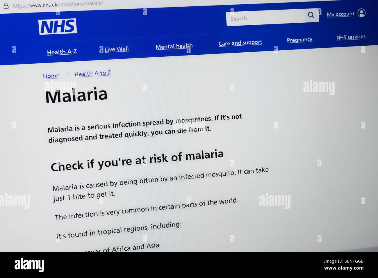 Il sito del servizio sanitario nazionale con informazioni sulla malaria Foto Stock