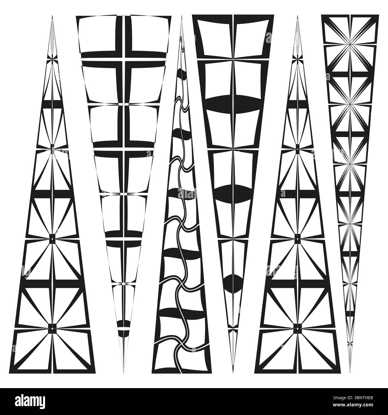 Strutture a torre astratte. Elementi geometrici verticali. Forme di linee architettoniche. Illustrazione di costruzione vettoriale. Illustrazione Vettoriale