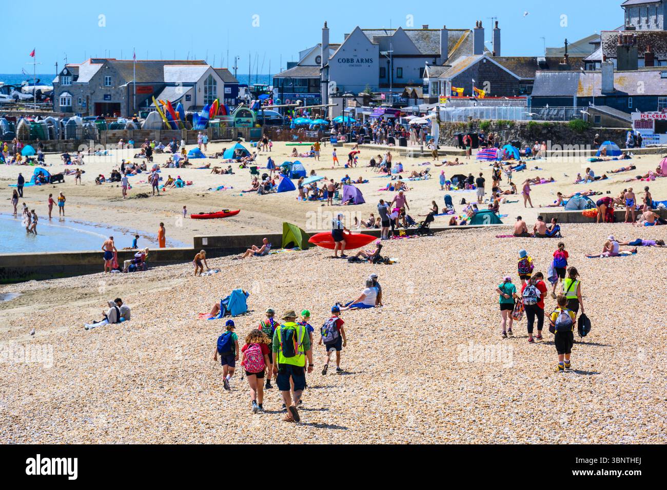 Lyme Regis, Dorset, Regno Unito. 4 luglio 2025. Meteo nel Regno Unito. I visitatori e la gente del posto si immergono nel caldo sole nella località balneare di Lyme Regis il venerdì. Le persone hanno sfruttato al meglio il tempo meraviglioso prima delle condizioni fredde e umide previste nel fine settimana. Il clima mite estivo tornerà la prossima settimana. Crediti: Celia McMahon/Alamy Live News Foto Stock