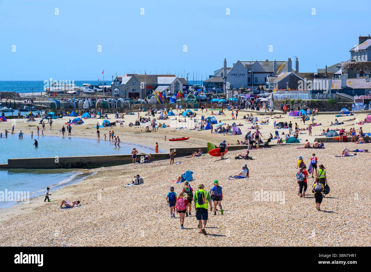 Lyme Regis, Dorset, Regno Unito. 4 luglio 2025. Meteo nel Regno Unito. I visitatori e la gente del posto si immergono nel caldo sole nella località balneare di Lyme Regis il venerdì. Le persone hanno sfruttato al meglio il tempo meraviglioso prima delle condizioni fredde e umide previste nel fine settimana. Il clima mite estivo tornerà la prossima settimana. Crediti: Celia McMahon/Alamy Live News Foto Stock