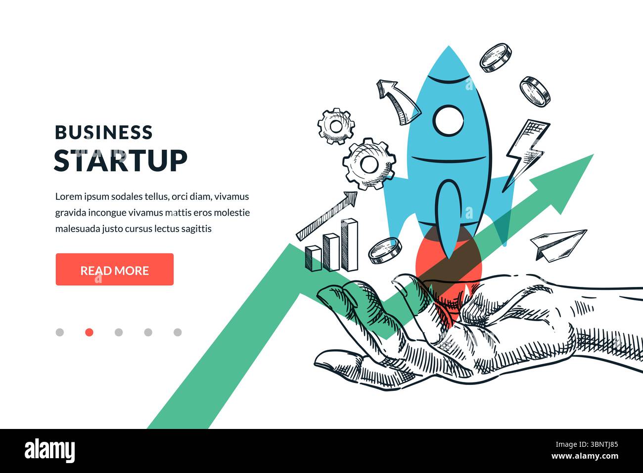 Mano che tiene il razzo volante e la freccia verde che cresce. Illustrazione del collage dello schizzo disegnato a mano vettoriale. Lancio di startup aziendale, tecnologie digitali, d Illustrazione Vettoriale