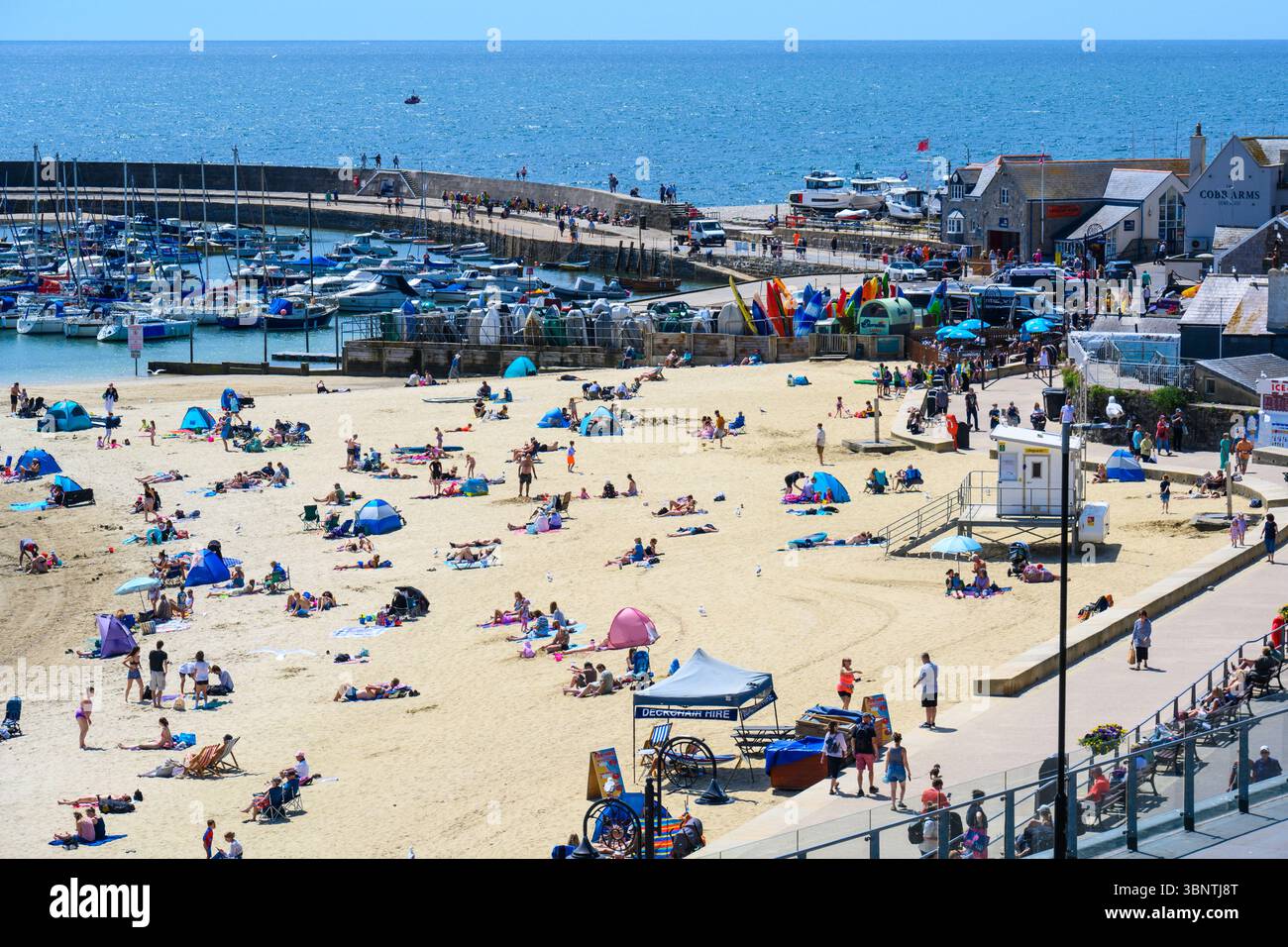Lyme Regis, Dorset, Regno Unito. 4 luglio 2025. Meteo nel Regno Unito. I visitatori e la gente del posto si immergono nel caldo sole nella località balneare di Lyme Regis il venerdì. Le persone hanno sfruttato al meglio il tempo meraviglioso prima delle condizioni fredde e umide previste nel fine settimana. Il clima mite estivo tornerà la prossima settimana. Crediti: Celia McMahon/Alamy Live News Foto Stock