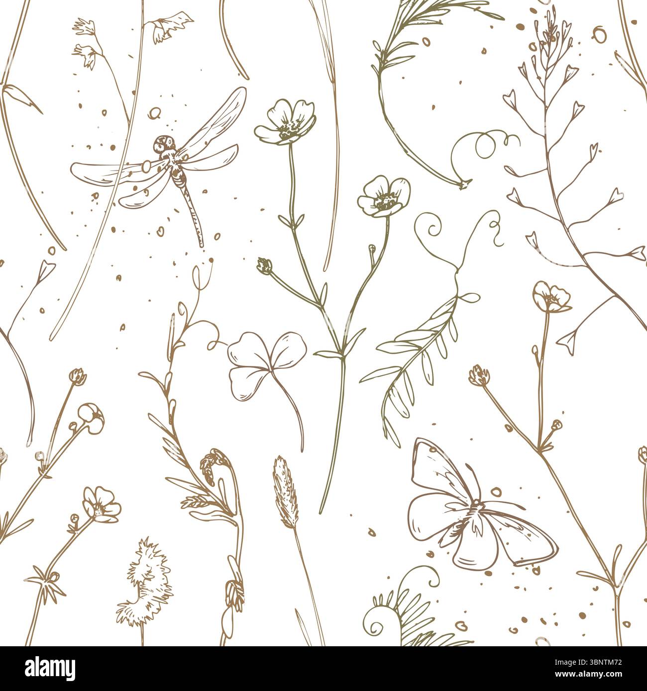 Motivo floreale senza cuciture in elegante stile line art con farfalle, libellule e piante selvatiche. Illustrazioni delicate ispirate alla natura disegnate a mano Illustrazione Vettoriale