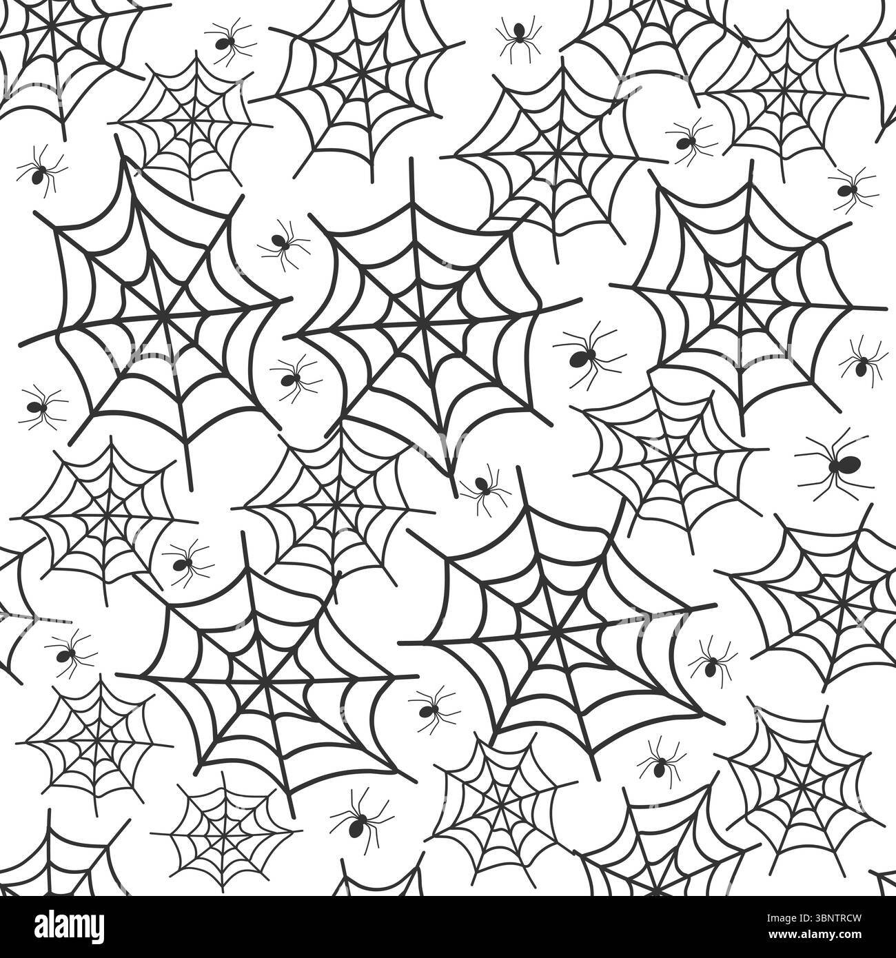 Motivo senza cuciture pieno di intricate ragnatele e piccoli ragni che creano una spaventosa atmosfera di Halloween Illustrazione Vettoriale