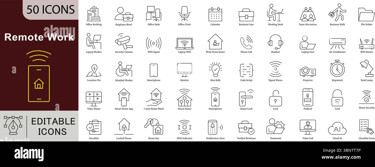 Icone della linea di lavoro remota: Ufficio domestico, collaborazione online e vettori Digital Nomad Illustrazione Vettoriale