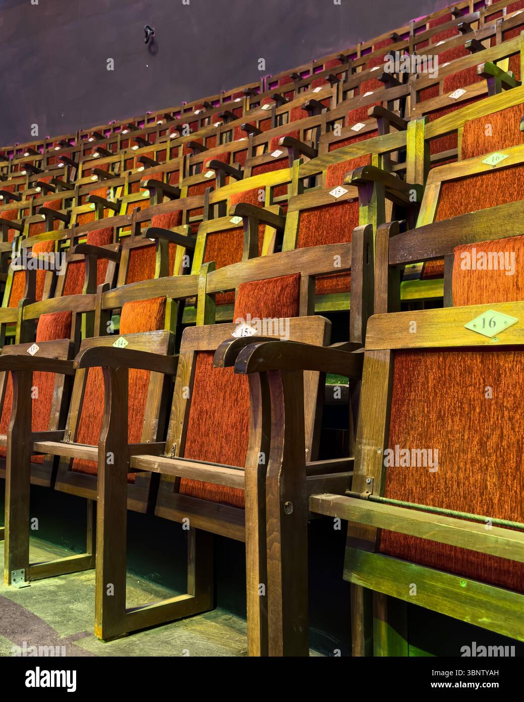 Immagine verticale di posti a sedere vuoti numerati in legno in un teatro o in un auditorium del circo. Niente persone. Illuminazione intensa e ritmo visivo per l'uso editoriale. Foto Stock