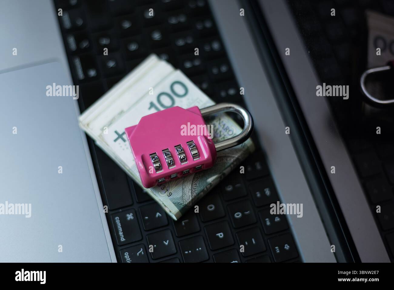 Proteggi i tuoi contanti e i tuoi dati. Una pila di bollette Zloty bloccate con Un lucchetto rosa su Un notebook. Simbolo della protezione informatica e della sicurezza finanziaria nel digitale Foto Stock