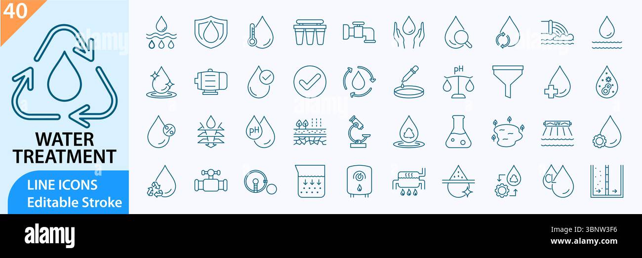 Set icone trattamento acqua. Icone della linea di trattamento dell'acqua. Contenente filtro dell'acqua, purificazione e altro ancora. Raccolta di icone vettoriali. Illustrazione vettoriale. Illustrazione Vettoriale
