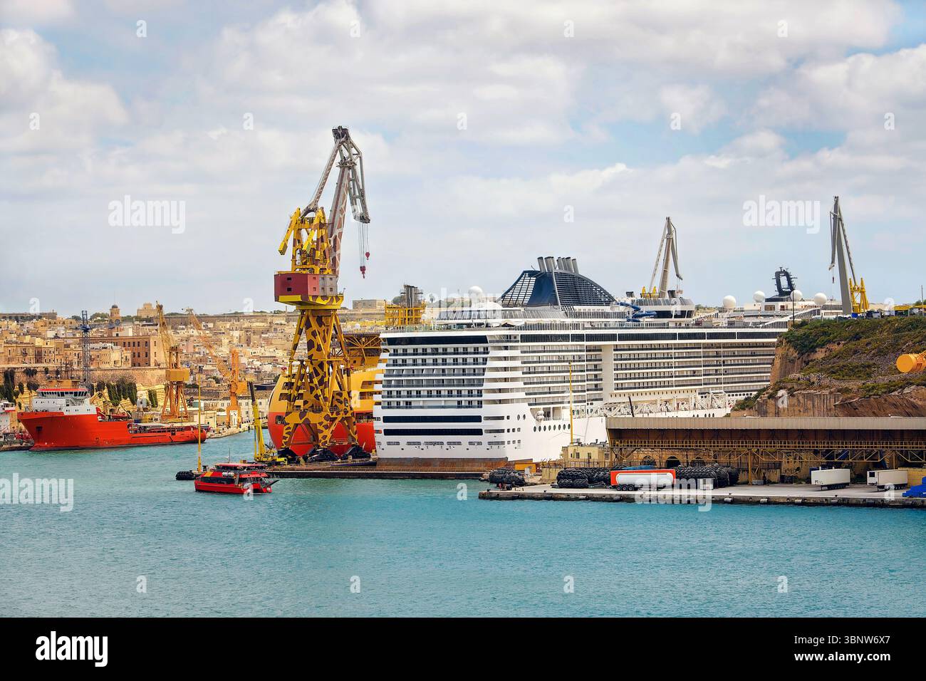 Un porto industriale affollato con grandi gru, navi da carico e passeggeri e infrastrutture di magazzino, sullo sfondo del mare e della costa. Foto Stock