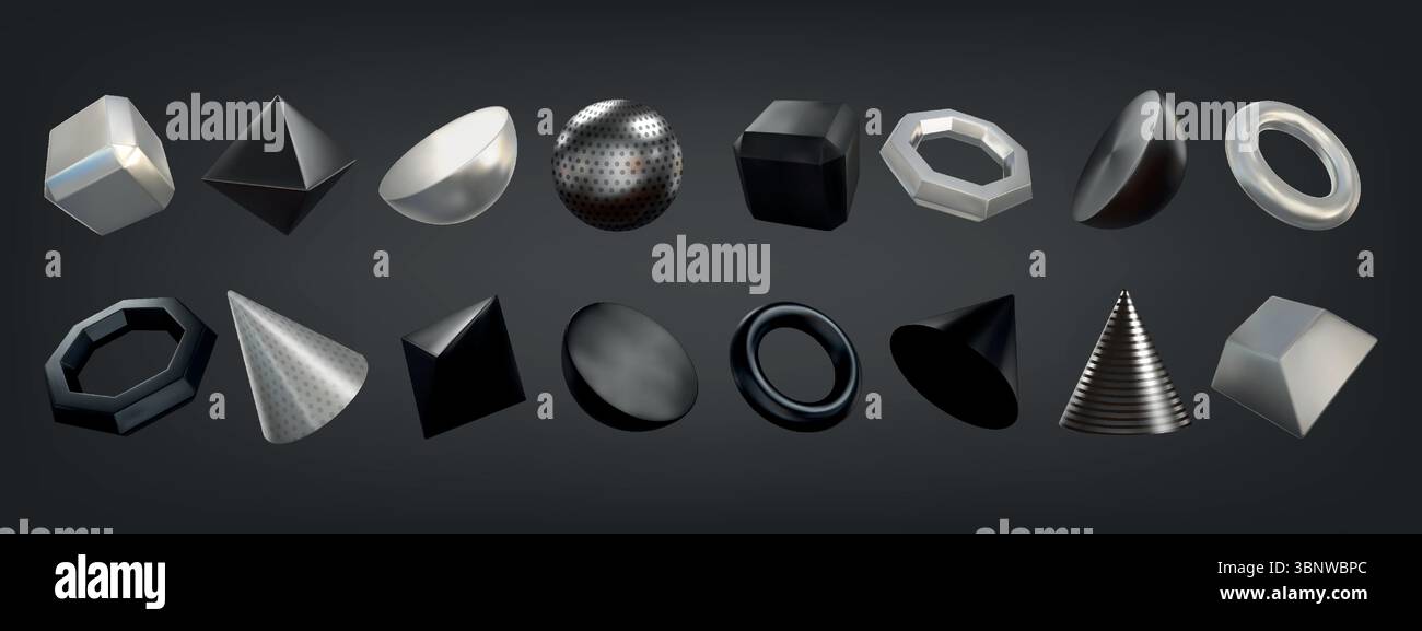 forme astratte 3d. Elemento a sfera geometrica, figura sferica in acciaio o forma ad anello geometrica isolata. Nero e argento dinamico, strisce e punti, cilindro e piramide moderni. Rendering vettoriale degli elementi isolati Illustrazione Vettoriale