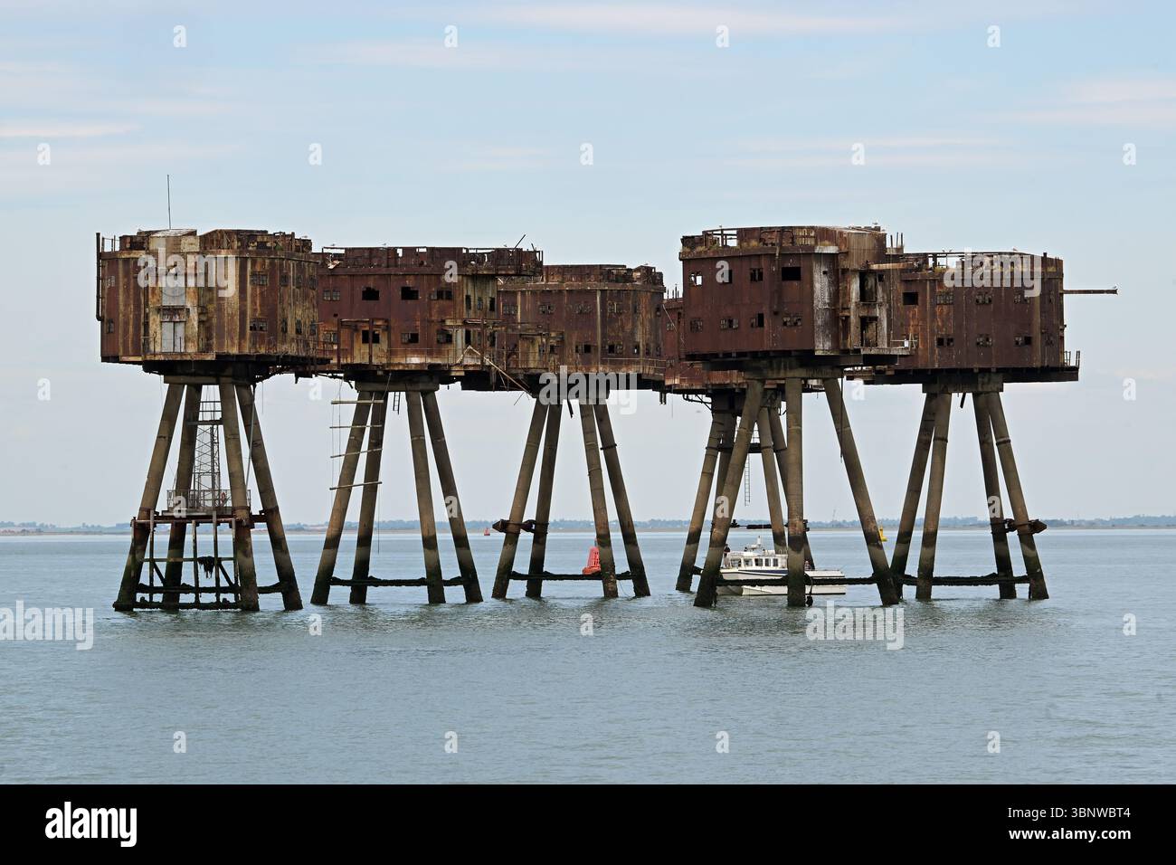 In piedi eruttanti dal Tamigi, i Red Sands Forts sono una serie di sette torri costruite durante la seconda guerra mondiale come difese antiaeree per proteggere la City di Londra dagli attacchi nemici. Situato nell'estuario del Tamigi tra Essex e Kent. I soldati di stanza lì abbatterono un totale di 22 aerei tedeschi e 30 doodlebugs. Nel 1964 i forti servirono a un nuovo scopo. Urlando Lord Sutch ha creato la radio Pirate radio Station tale. I forti furono poi utilizzati da radio City fino al 1967, quando furono chiusi dalla Marine Broadcasting Offenses Act. I forti furono poi abbandonati. A res Foto Stock