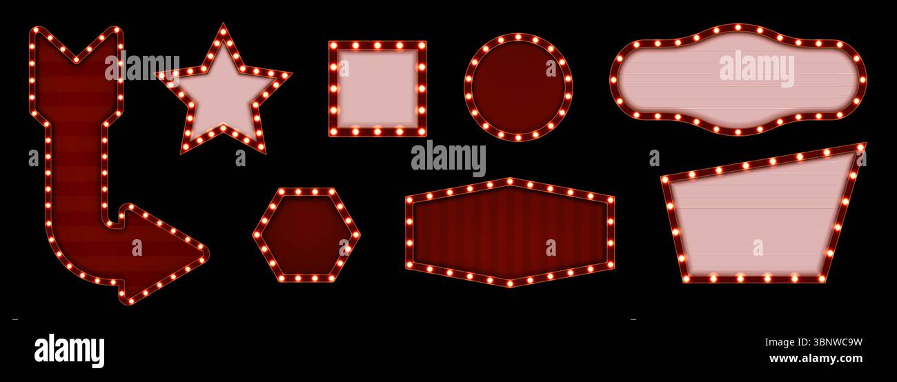 Segnale luminoso. Circo, casinò o film 3D. Scatola al neon rosso retrò per banner del teatro. Tabellone di testo per cinema. Illuminazione del palcoscenico. Bordo del cartellone del night club. Bagliore di Carnevale. Set di insegne vettoriali vuote Illustrazione Vettoriale