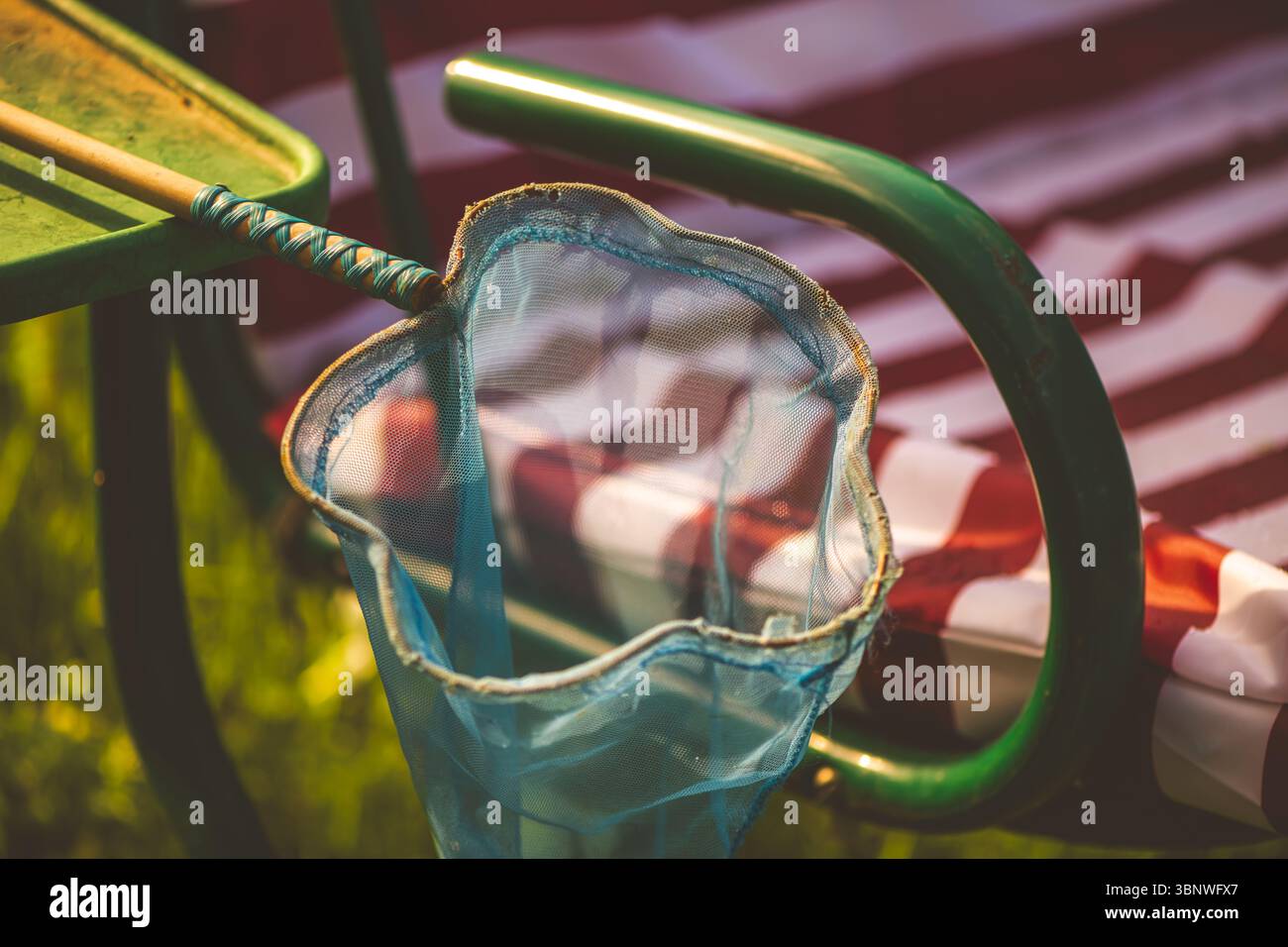 La rete blu delle farfalle appesa a un'altalena verde e rossa del giardino cattura l'essenza del tempo libero estivo, invitando i ricordi delle avventure dell'infanzia Foto Stock