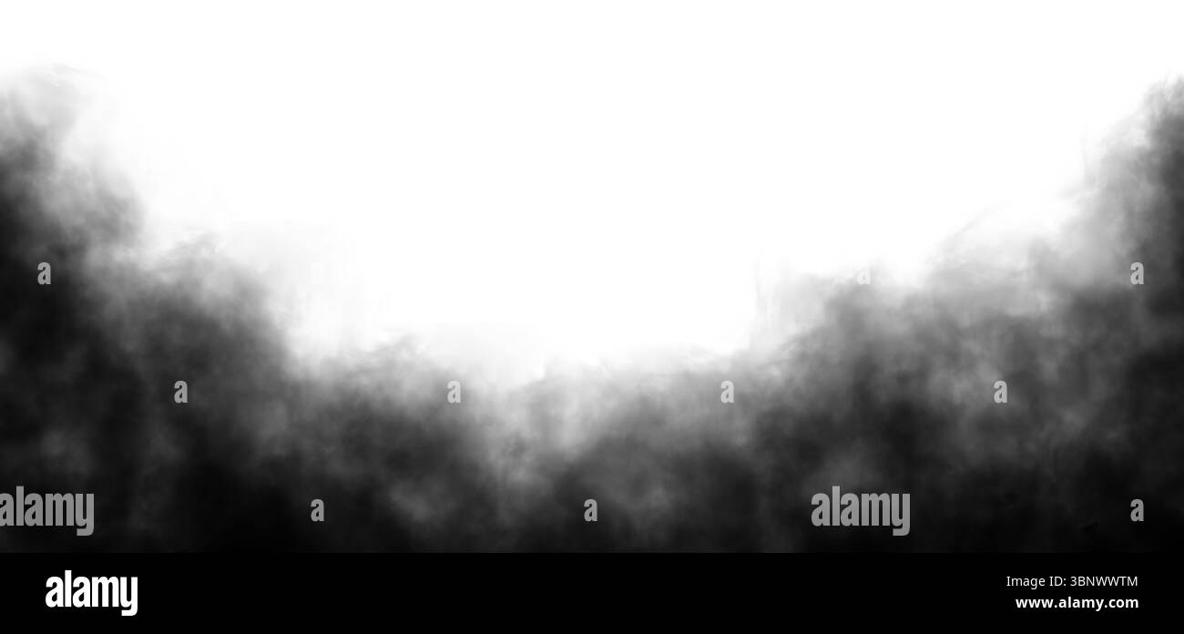 Nuvole di fumo nere realistiche effetto nebbia isolato su sfondo trasparente. Fumo scuro, vapore, nebbia, vapore o gas su sfondo bianco. Foto Stock