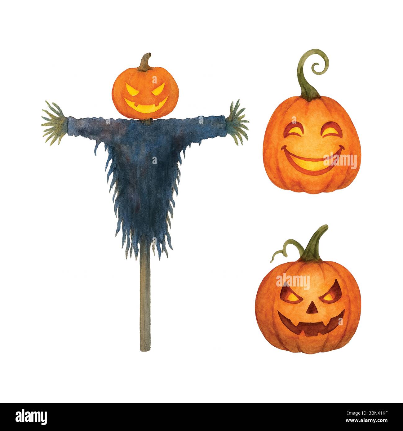 Spaventapasseri con testa di zucca e spaventose zucche – illustrazione di Halloween Foto Stock