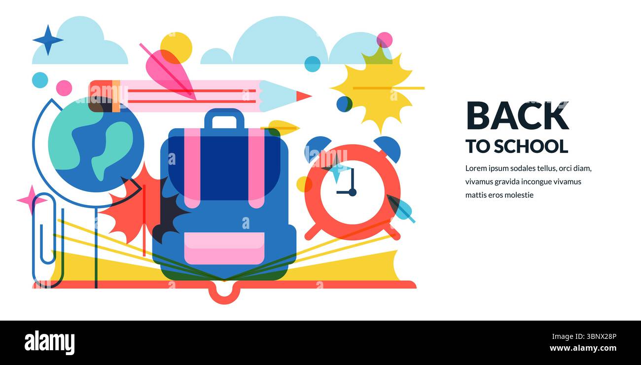 Illustrazione piatta geometrica vettoriale di libro aperto, zaino, sveglia, globo e foglie autunnali. Banner multicolore o poster di ritorno a scuola Illustrazione Vettoriale