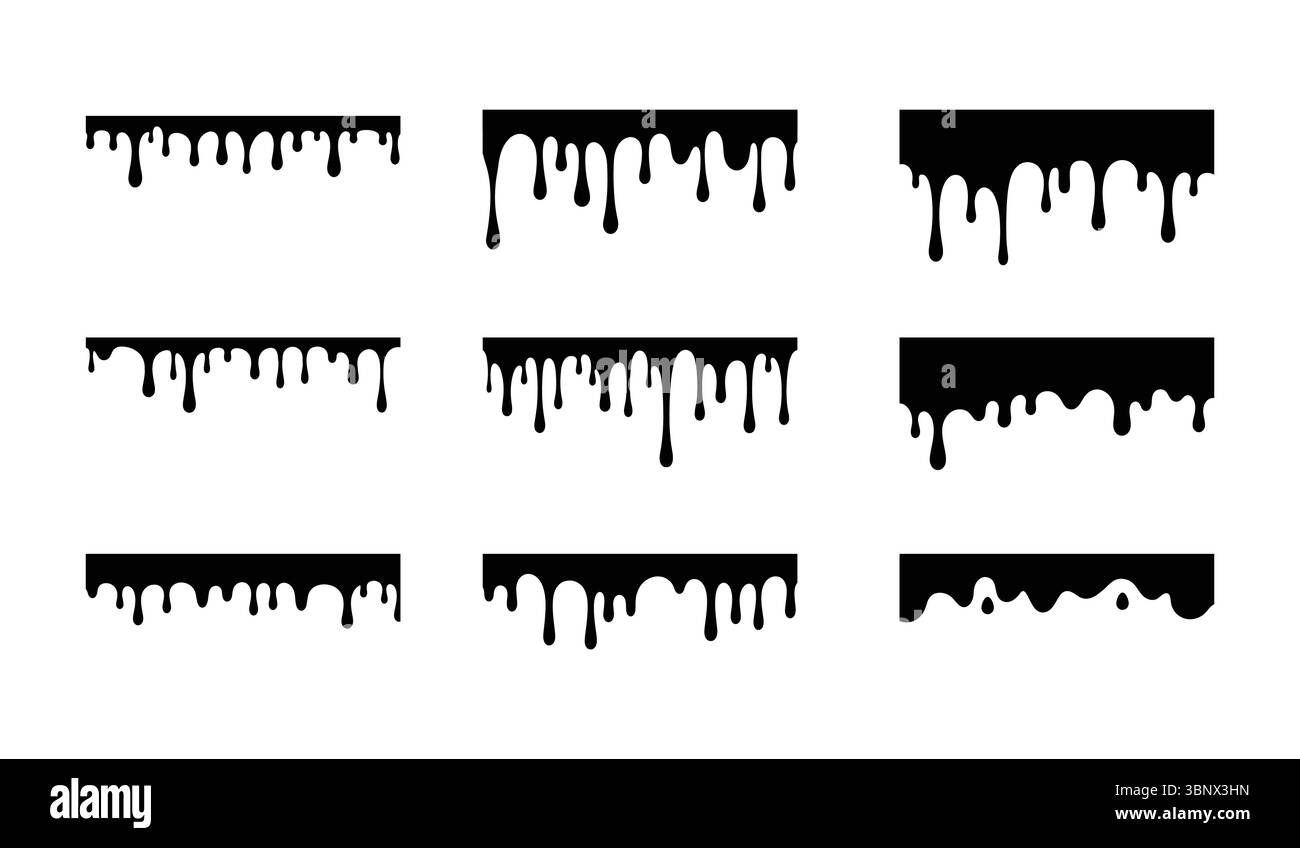 Un set vettoriale minimale con silhouette nera, composto da gocciolanti di miele e sciroppo. Include varie forme di liquido fuso e design di gocciolamento appiccicoso. Ideale Illustrazione Vettoriale