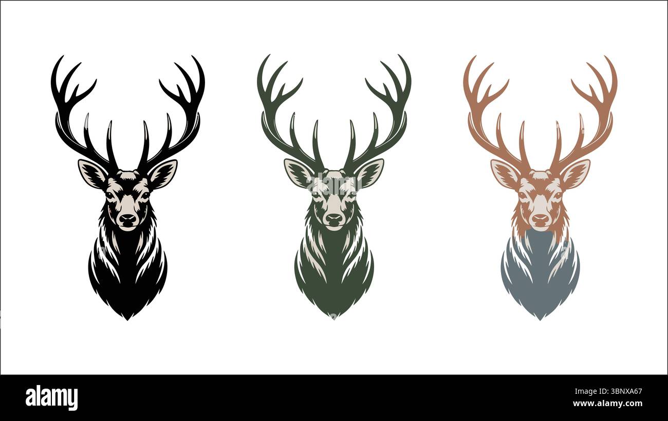 Illustrazione dettagliata della testa di cervo con grandi palchi in colori nero, verde e marrone Illustrazione Vettoriale