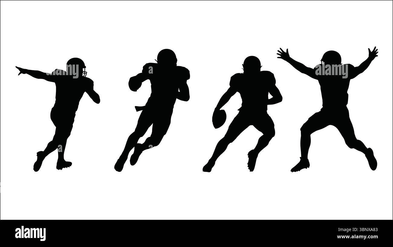 La silhouette dei giocatori di football americano è caratterizzata da quattro pose dinamiche con casco e palla Illustrazione Vettoriale