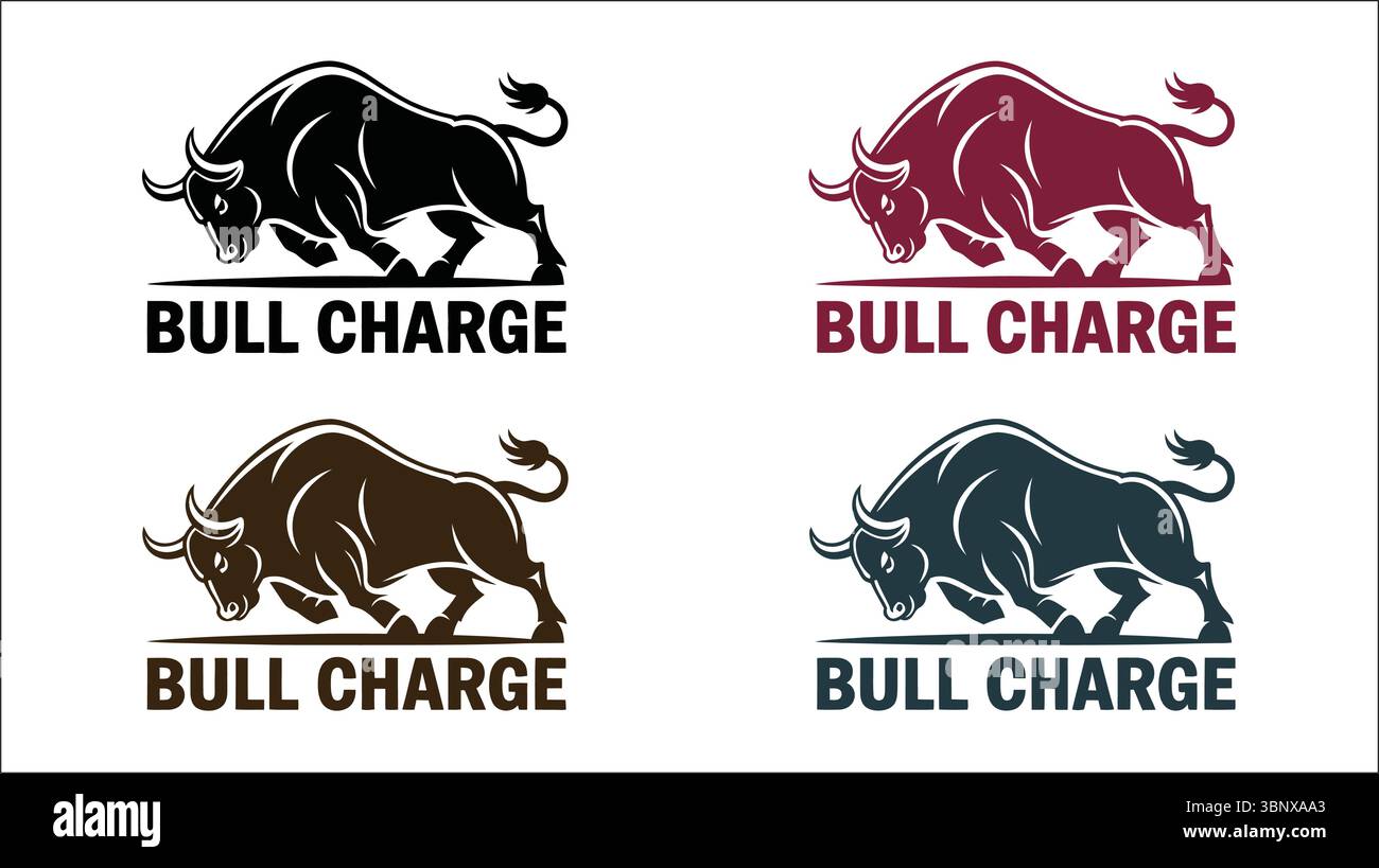 Set di logo Bull Charge con un'aggressiva illustrazione toro in nero, rosso, marrone e blu Illustrazione Vettoriale
