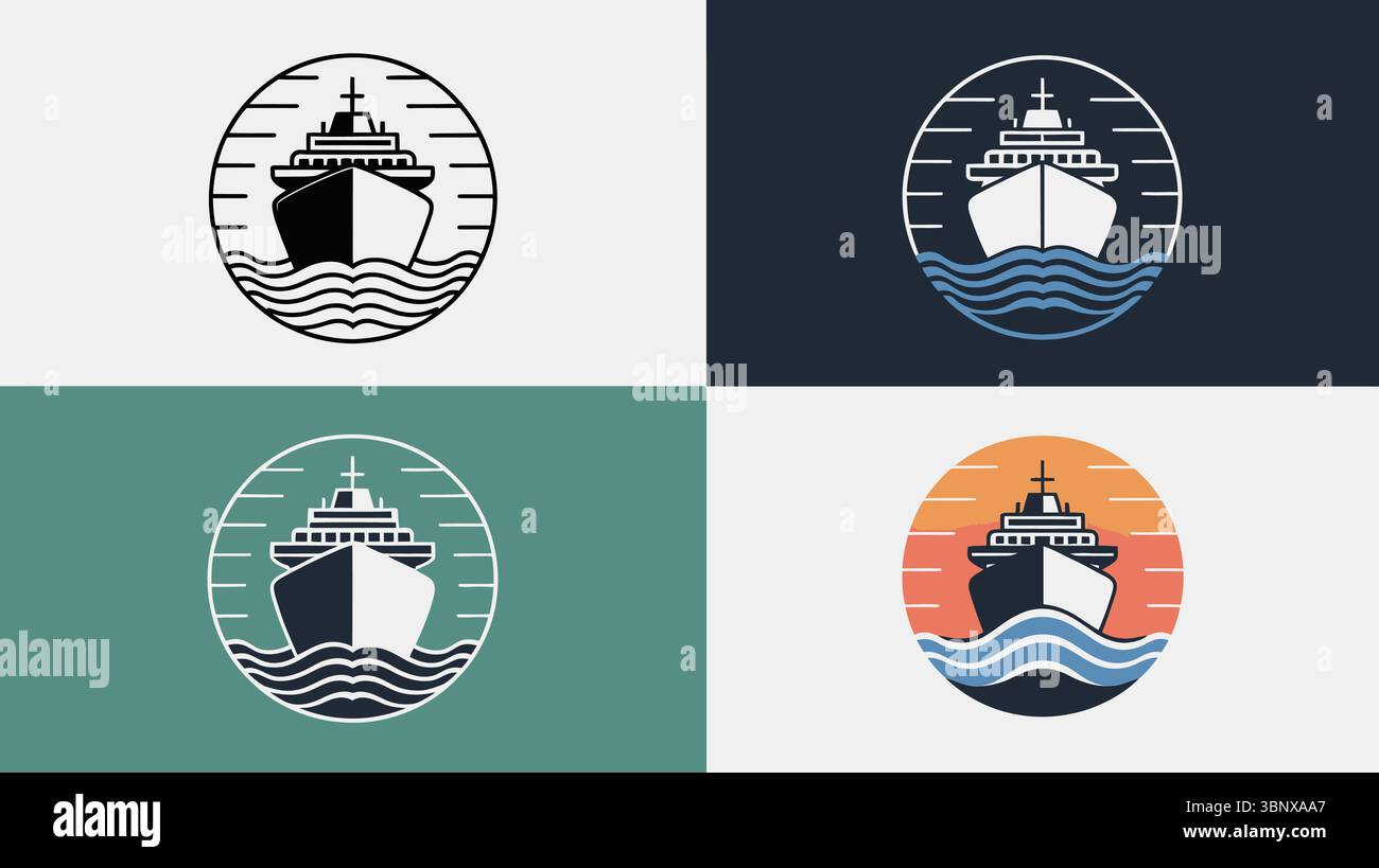 Icone vettoriali per la vista frontale della nave da crociera in stile vintage Illustrazione Vettoriale