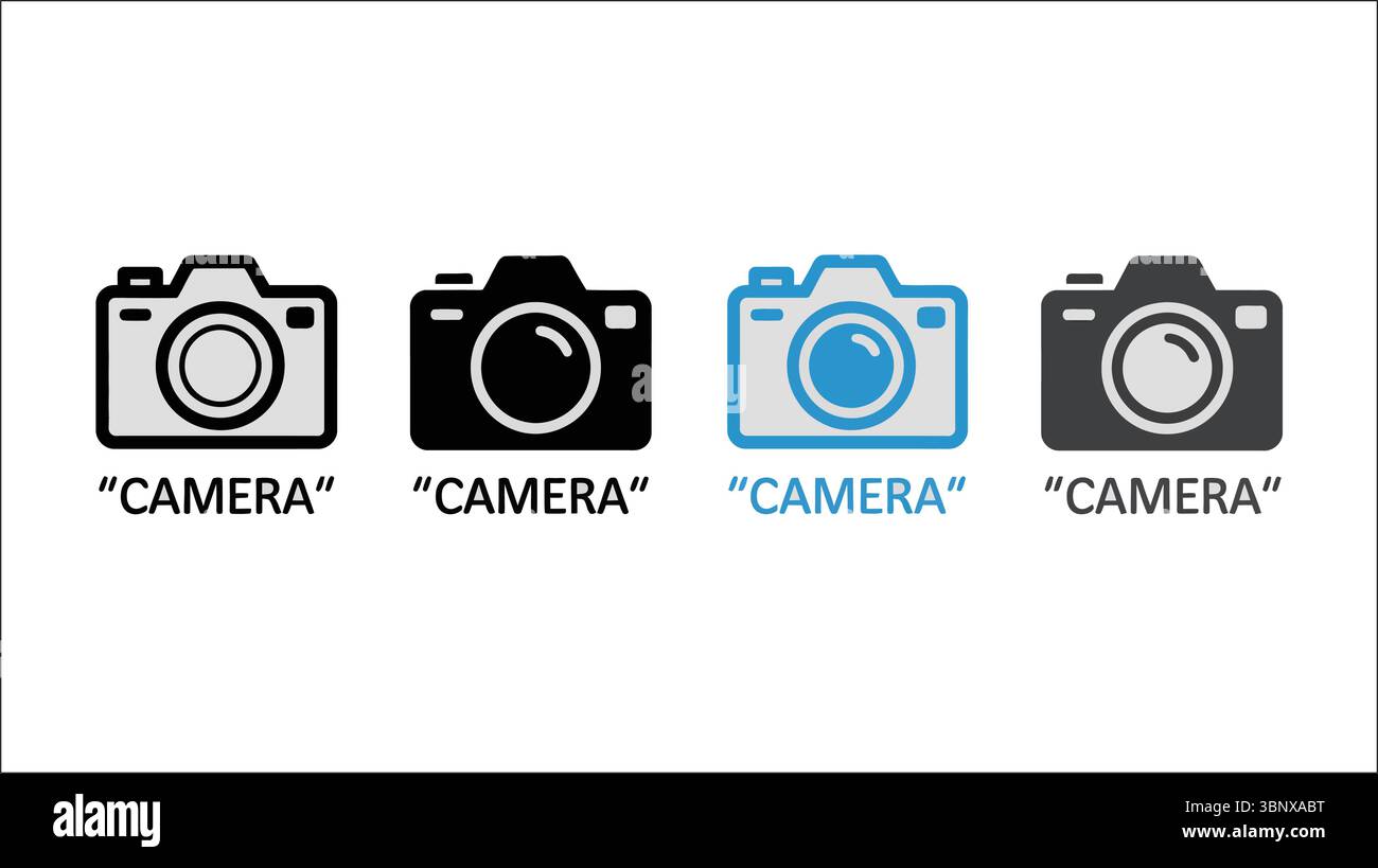 Icona della fotocamera impostata in nero, grigio, blu e scuro con contorno e testo in grassetto Illustrazione Vettoriale