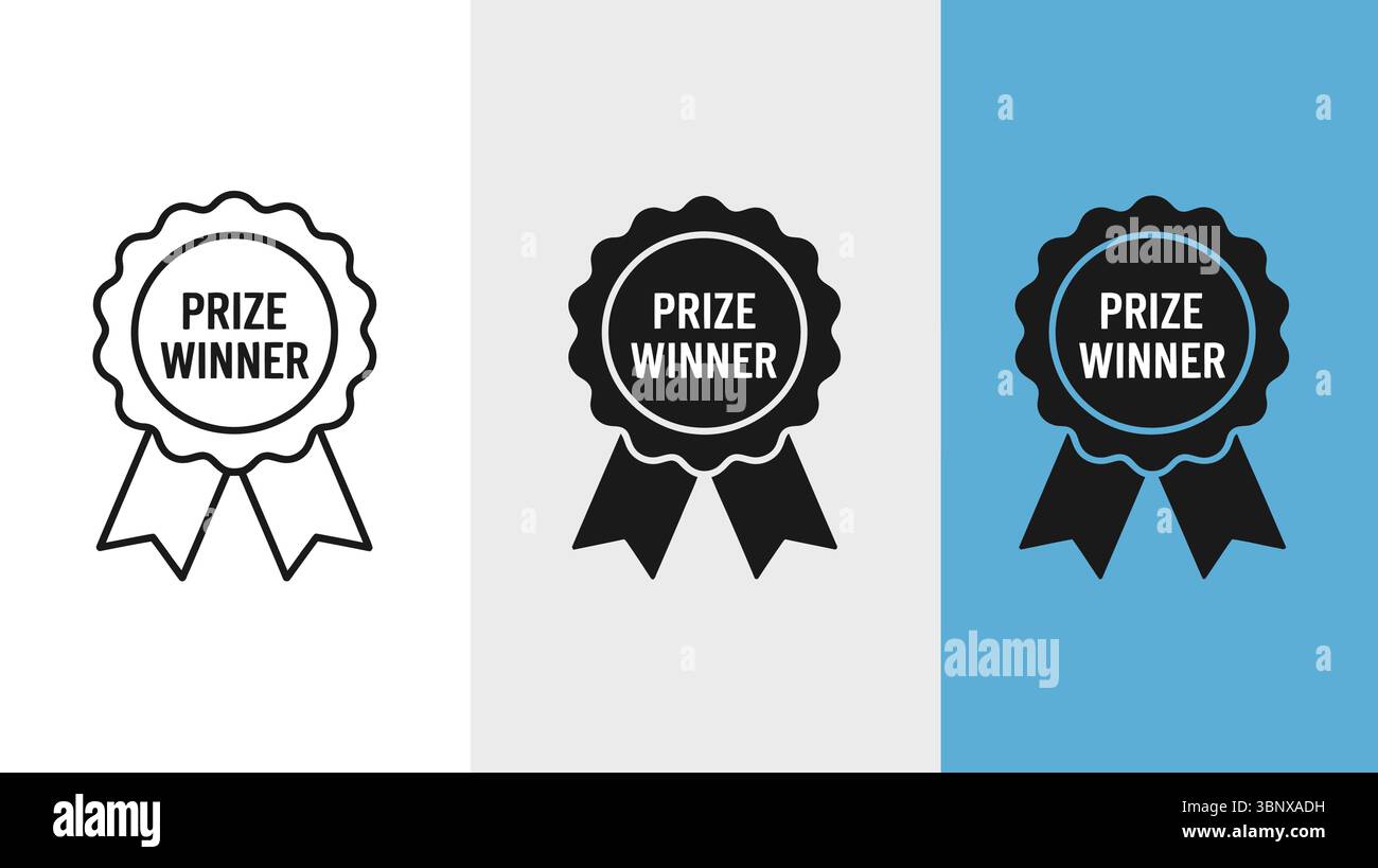 Premi le icone del distintivo in stile contorno, nero e blu con nastro e sfondo stellato Illustrazione Vettoriale