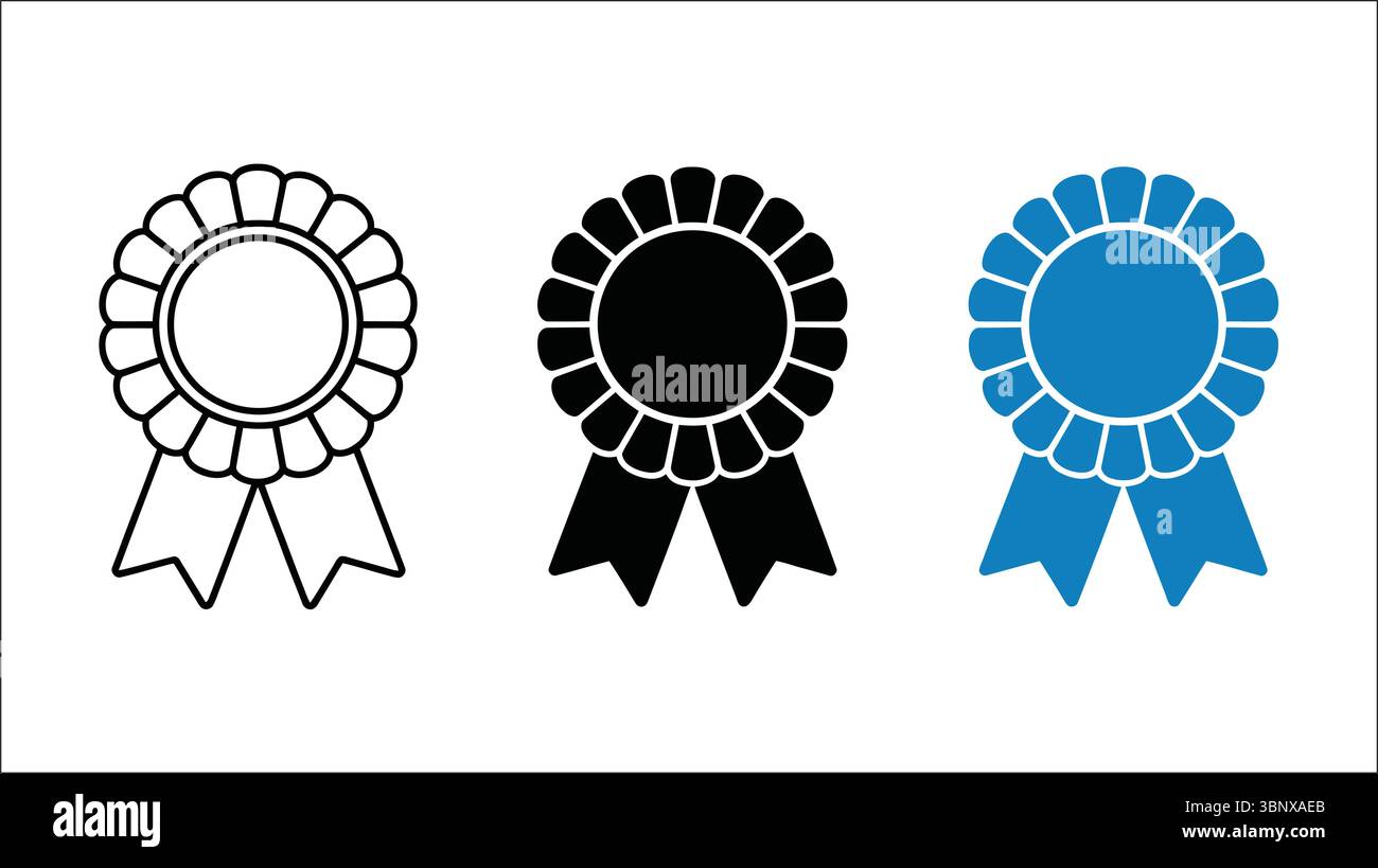 Premi le icone del distintivo in stile contorno, nero e blu con nastro e sfondo stellato Illustrazione Vettoriale