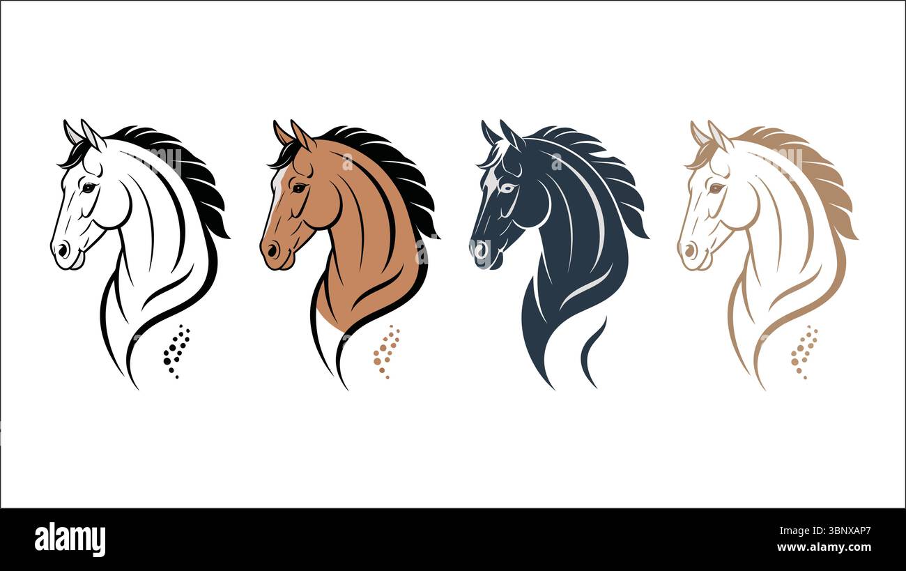 Illustrazione dettagliata della testa di cavallo in nero, marrone, blu e beige con elegante criniera Illustrazione Vettoriale