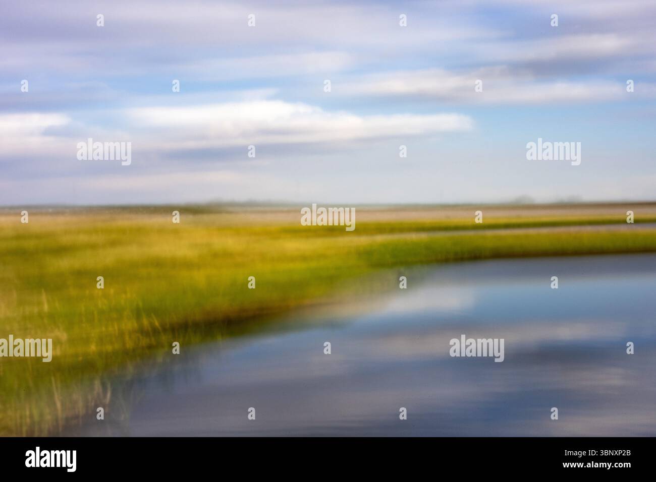 Paesaggio astratto della prateria ICM con campi dorati, cieli blu, lago. Foto Stock
