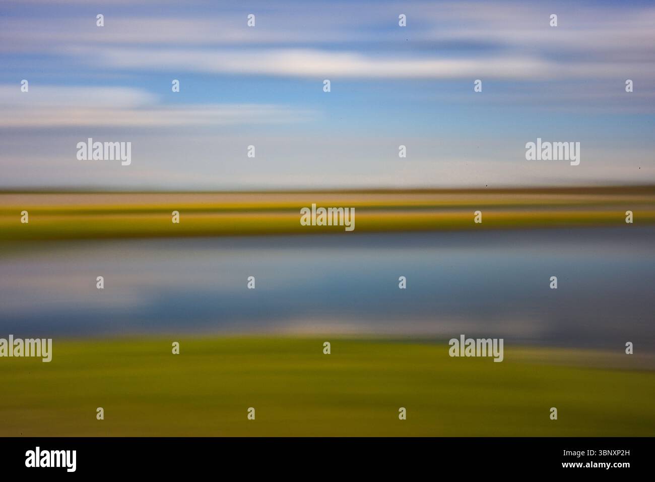 Paesaggio astratto della prateria ICM con campi dorati, cieli blu, lago. Foto Stock