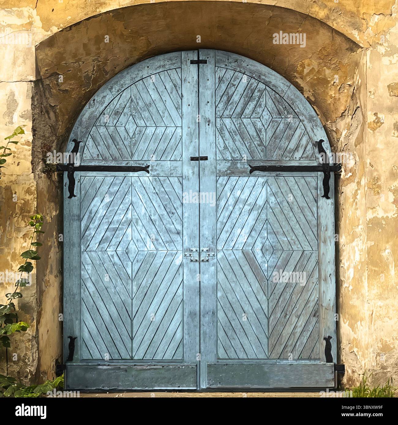 Una porta ad arco blu sbiadita a Varsavia, Polonia, con audaci lavori in legno di chevron e cerniere in ferro nero, evoca una forza rustica in mezzo a una parete d'oro intemprata. Foto Stock