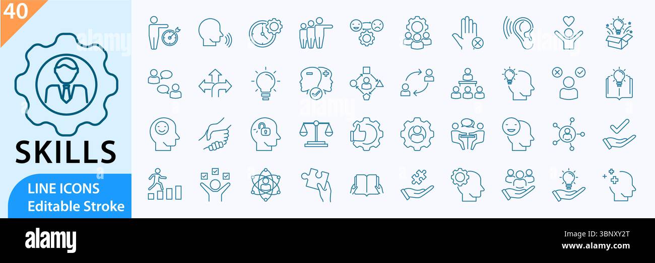 Set di icone delle abilità soft. Contenere la comunicazione, l'empatia e altro ancora. Raccolta vettoriale delle icone di linea. Tratto modificabile. Illustrazione Vettoriale