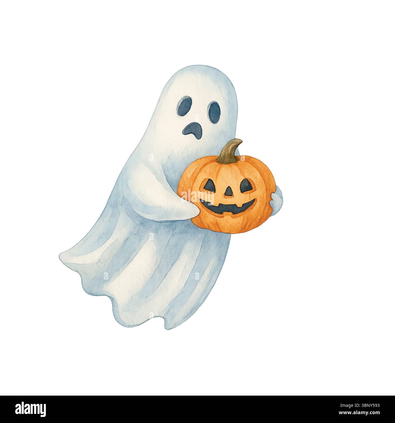 Fantasma timido con zucca: Illustrazione soffusa e spettrale di Halloween Foto Stock