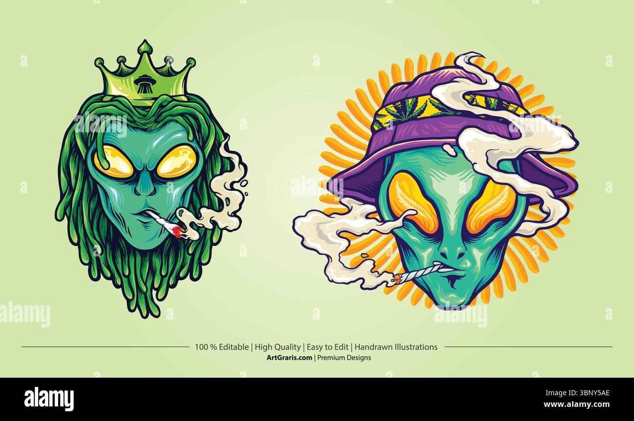 Personaggi alieni che fumano marijuana con illustrazioni vettoriali di corona e cappello per il logo del tuo lavoro, t-shirt di merchandising, adesivi e disegni di etichette, poster Illustrazione Vettoriale