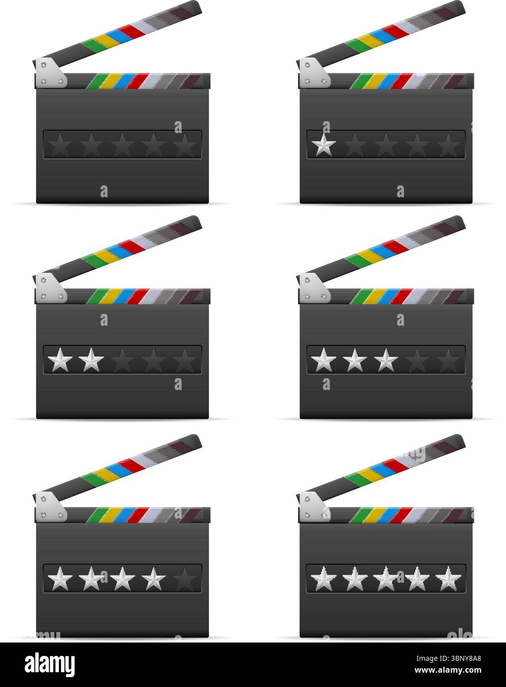 Classificazione clapperboard impostata su sfondo bianco. Illustrazione vettoriale. Illustrazione Vettoriale