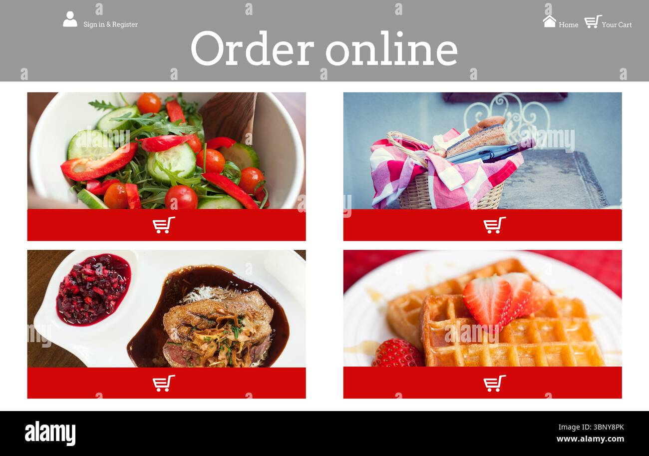 Mostra gli ordini di cibo dall'interfaccia utente piatta su bg trasparente con icone nav, icone del carrello e quattro alimenti Foto Stock