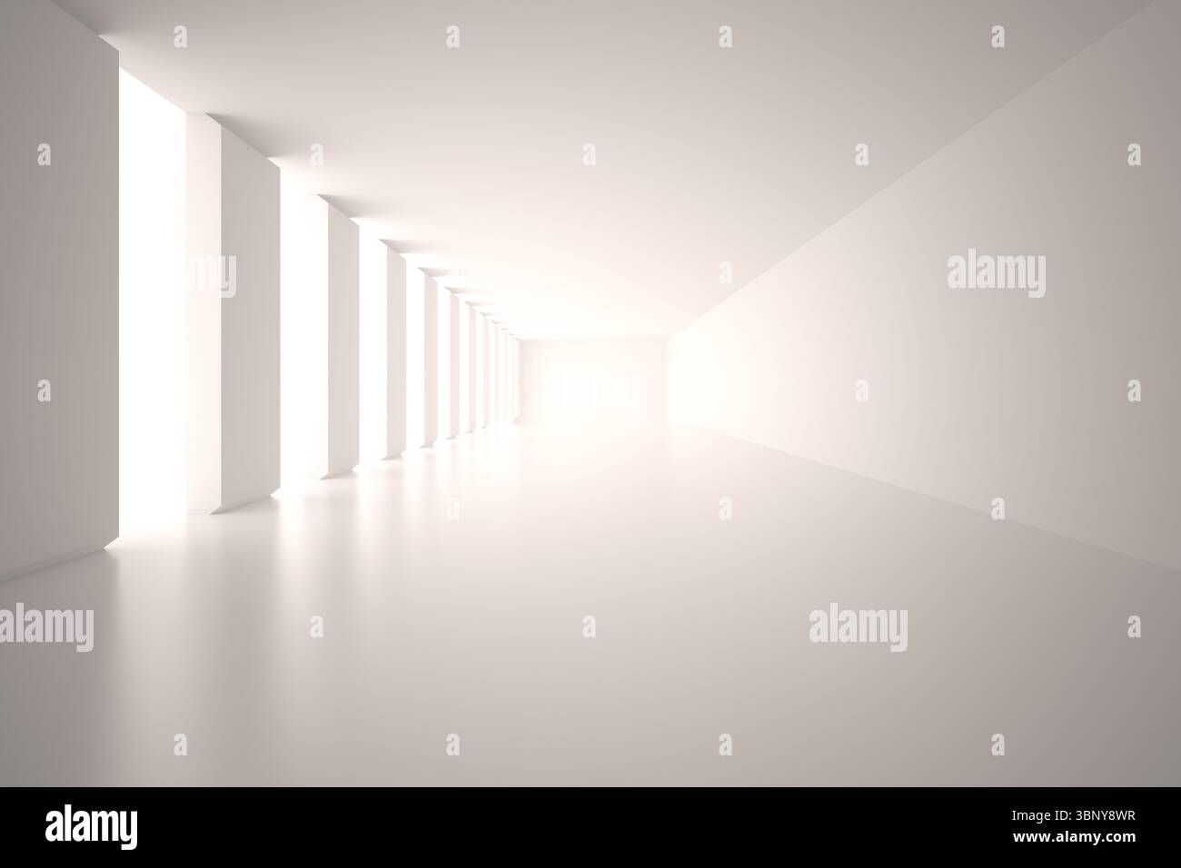 Mostra un corridoio bianco dal design piatto che si estende fino al punto di sbiadimento, con finestre verticali Foto Stock