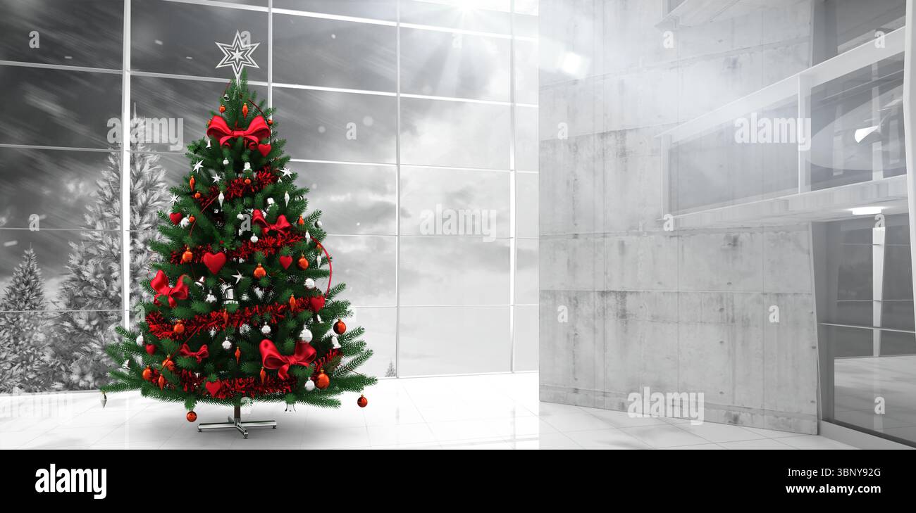 L'albero di Natale decorato si trova nella lobby a rendering 3D con nastri rossi, ghirlande e stelle illuminate Foto Stock