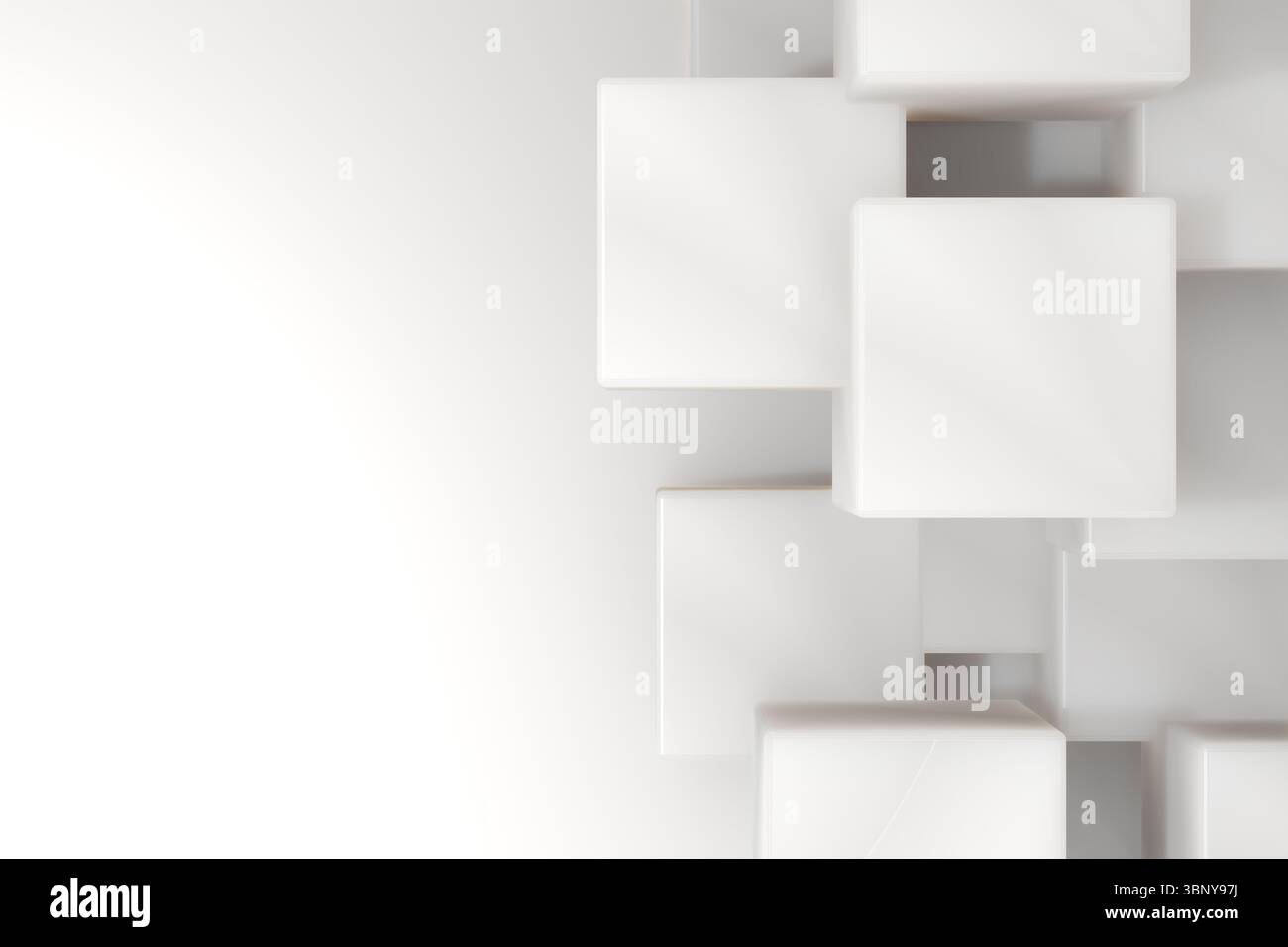 Un gruppo di cubi 3D bianchi proietta ombre morbide con rendering sfumato minimalista e spazio di copia Foto Stock