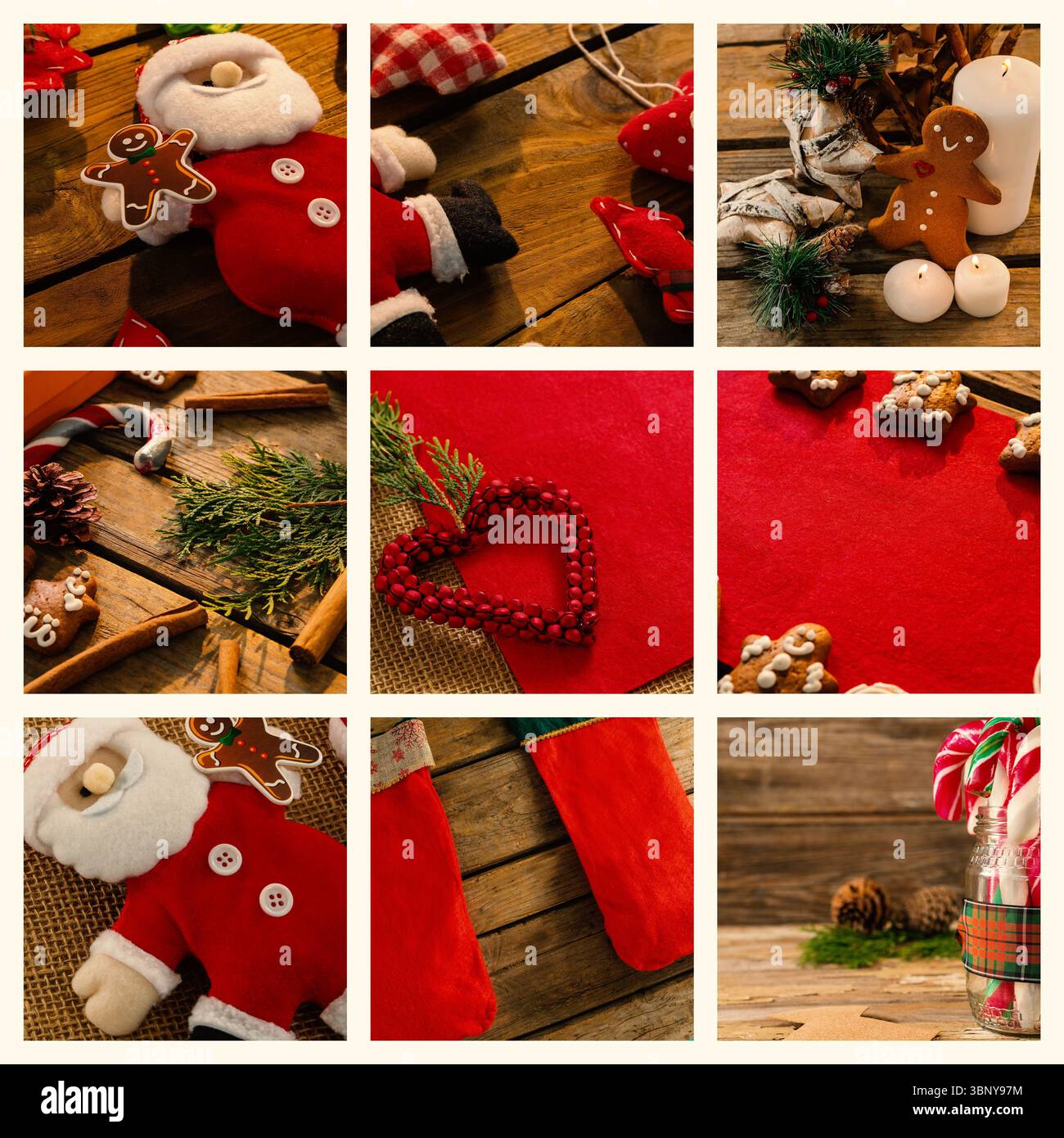 L'arredamento piatto a nove pannelli natalizi viene mostrato su sfondo trasparente con calze e biscotti Foto Stock